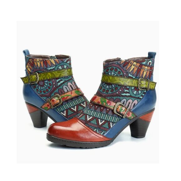 SOCOFY Leather Round Toe Patchwork Handmade Block Heel Ankle Boots Artsy Boho - Picture 1 of 16